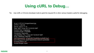 56
# curl -I 127.0.0.1/images/hawaii.jpg
HTTP/1.1 200 OK
Server: nginx/1.11.10
Date: Wed, 19 Apr 2017 22:20:53 GMT
Content-Type: image/jpeg
Content-Length: 21542868
Connection: keep-alive
Last-Modified: Thu, 13 Apr 2017 20:55:07 GMT
ETag: "58efe5ab-148b7d4"
OS-X-Request-ID: 1e7ae2cf83732e8859bc3e38df912ed1
CC-X-Request-ID: d4a5f7a8d25544b1409c351a22f42960
X-Cache-Status: HIT
Accept-Ranges: bytes
Using cURL to Debug…
Tip: Use cURL or Chrome developer tools to grab the request ID or other various headers useful for debugging.
 