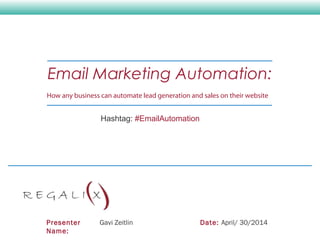 Presenter
Name:
Gavi Zeitlin Date: April/ 30/2014
Email Marketing Automation:
How any business can automate lead generation and sales on their website
Hashtag: #EmailAutomation
 