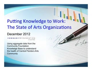 Pu#ng	
  Knowledge	
  to	
  Work:	
  
The	
  State	
  of	
  Arts	
  Organiza<ons	
  
December 2012

Using aggregate data from the
Community Foundation
Knowledge Base to understand
the health of Central Florida’s Arts
Community
 