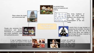 Ayurveda
Hatha Yoga
Kundalini
Yoga
Namaste
Greeting
Puja (Pooja)
The Sadhu
(Holy Man)
Temples
Rituals
The hindu traditions of
yoga and tantra which
leading to the ultimate goal
of raja yoga, or
contemplation of the one
reality
A tantric form of yoga focused on
awakening the kundalini, the latent
psychic energy that lies at the
base of the spine, and making it
rise through the seven chakras to
the top of the spine
A simple act made by
bringing together both
palms of the hands
before the heart, and
lightly bowing the head
A way of relating humans to the
domain and actions of the divine,
and can be performed for anything
considered divine, from Vishnu to
a holy tree
People who renounce their
possessions and devote
themselves to a particular
god and/or meditation, yoga
and spiritual discussion.
Place where the rituals
and ceremonies held
An ancient Hindu
system of medicine and
healing
 