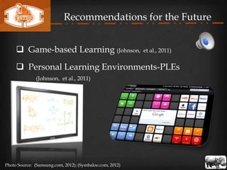 Recommendations for the Future


      Game-based Learning (Johnson,                      et al., 2011)


      Personal Learning Environments-PLEs
              (Johnson, et al., 2011)




Photo Source: (Samsung.com, 2012); (Symbaloo.com, 2012)
 