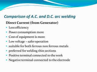 Comparison of A.C. and D.C. arc welding
Direct Current (from Generator)
 Less efficiency
 Powerconsumption more
 Costof equipment is more
 Low voltage – saferoperation
 suitable for both ferrous non ferrous metals
 preferred forwelding thin sections
 Positive terminal connected to thework
 Negative terminal connected to theelectrode
 