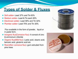 Types of Solder & Fluxes
⚫ Soft solder- Lead 37% and Tin 63%
⚫ Medium solder- Lead & Tin each 50%
⚫ Electrician solder- Lead 58% and Tin 42%
⚫ Plumber solder- Lead 70% and Tin 30%
Flux available in the form of powder, liquid or
in paste form.
⚫ Inorganic flux(Corrosive flux)- It consist of zinc
& ammonium chloride
⚫ Organic flux(Mild flux)- Lactic acid, stearic acid,
benzoic acid, glutamic acid etc
⚫ Rosin(Non corrosive flux)- gum extruded from
pine trees
 