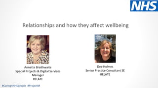 #Caring4NHSpeople #ProjectM
Annette Braithwaite
Special Projects & Digital Services
Manager
RELATE
Dee Holmes
Senior Practice Consultant SE
RELATE
Relationships and how they affect wellbeing
 
