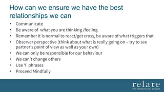 How can we ensure we have the best
relationships we can
• Communicate
• Be aware of what you are thinking /feeling
• Remember it is normal to react/get cross, be aware of what triggers that
• Observer perspective (think about what is really going on – try to see
partner’s point of view as well as your own)
• We can only be responsible for our behaviour
• We can’t change others
• Use ‘I’ phrases
• Proceed Mindfully
 