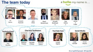 The team today
Ian
Baines
Contributors...
Elizabeth
Nyawade
Chat box facilitators Social Media
Anisah
Majothi
YouTube host
Paul
Woodley
#Caring4NHSpeople #ProjectM
Lynsey
Ogilvie
John
Drew
Leigh
Kendall
Annette
Braithwait
e
Dee
Holme
s
Matthew
Feasey
Wazir
Muhammad
Jacqui
e
Fuller
Technical host
Harriette
O’Shea
Natasha
Katoro
 