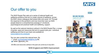 NHS England and NHS Improvement
Our offer to you
The NHS People Plan sets out a series of national health and
wellbeing ambitions that aim to create cultures of wellbeing across
the NHS, where colleagues feel looked after and cared for. Through
the response to the pandemic and now more than ever, our NHS
people deserve a comprehensive package of emotional,
psychological and practical health and wellbeing support.
As well as the national intentions outlined in the NHS People Plan, a range
of guides, apps and resources that aim to support both your individual
wellbeing and that of your team are available at:
www.england.nhs.uk/people
You can also contact the national team By
email: ournhspeople.hwb@nhs.net By
Twitter: @people_nhs
All offers and resources outlined in this pack are correct as of July 2021.
 