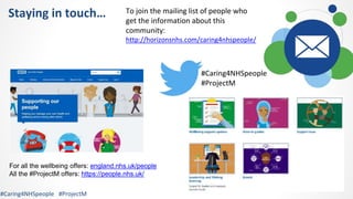 To join the mailing list of people who
get the information about this
community:
http://horizonsnhs.com/caring4nhspeople/
#Caring4NHSpeople
#ProjectM
Staying in touch…
#Caring4NHSpeople #ProjectM
For all the wellbeing offers: england.nhs.uk/people
All the #ProjectM offers: https://people.nhs.uk/
 