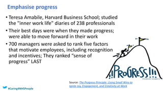 Source: The Progress Principle: Using Small Wins to
Ignite Joy, Engagement, and Creativity at Work
Emphasise progress
• Teresa Amabile, Harvard Business School; studied
the "inner work life" diaries of 238 professionals
• Their best days were when they made progress;
were able to move forward in their work
• 700 managers were asked to rank five factors
that motivate employees, including recognition
and incentives; They ranked “sense of
progress” LAST
#Caring4NHSPeople
 