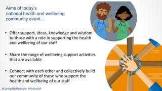 Aims of today’s
national health and wellbeing
community event…
• Offer support, ideas, knowledge and wisdom
to those with a role in supporting the health
and wellbeing of our staff
• Share the range of wellbeing support activities
that are available
• Connect with each other and collectively build
our community of those who support the
health and wellbeing of our staff
#Caring4NHSpeople #ProjectM
 