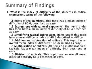 1. What is the index of difficulty of the students in radical
expressions terms of the following:

1.1 Roots of real numbers. This topic has a mean index of
difficulty of 66.6, described as easy.
1.2 Expressions with rational exponents. The items under
this topic have a mean index of difficulty of 63.4 described
as easy.
1.3 Simplifying radical expressions. Items under this topic
have a mean difficulty index of 48.8 described as difficult.
1.4 Addition and subtraction of radicals. This topic has an
overall mean index of difficulty 61.4 described as easy.
1.5 Multiplication of radicals. All items on multiplication of
radicals has a mean index of difficulty 64.4 described as
easy.
1.6 Division of radicals. This topic has an overall mean
index of difficulty 61.8 described as easy.

 