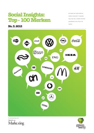 De impact van social media op
merken onderzocht: 3 maanden
lang, meer dan 2 miljoen berichten
geanalyseerd voor de top-100
merken
SocialInsights:
Top-100Merken
No.3.2013
In samenwerking met:
 