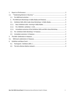 [Apr- Mar 2022]–Annual Report | Entrepreneurship and Business Growth in Ethiopia 2
1. Report on Performance: .......................................................................................................... 3
1.1. ""Celebrating Women in Business " .................................................................................... 3
1.1. Pre-WIB Event activities :................................................................................................. 3
2. Pre-WIB Event Workshops In Addis Ababa and Hawassa ................................................... 5
2.1. Exhibition Skills ,Mini-trade show Workshops in Addis Ababa....................................... 5
2.1.1. Basic Exhibition skills –training in Addis Ababa............................................................ 5
2.1.2. Pre- WIB Mini -exhibition : in AA.................................................................................. 1
2.1.3. immediate outcomes of the Exhibition Skills and Mini show Workshop..................... 1
2.2. Pre- Exhibition Skills Workshop –In hawassa................................................................... 1
2.3. Immediate outcomes :in Hawassa................................................................................... 2
3. The WIB –Celebration in Hawassa.......................................................................................... 2
3.1. WIB Event celebrations in Hawassa..................................................................................... 2
4. Exhibition and Bazar Event ..................................................................................................... 3
4.1. Participants : Exhibitors (WEs ) ....................................................................................... 3
4.2. The birtu Women Baltina network :................................................................................. 4
 