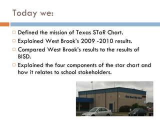 Today we: Defined the mission of Texas STaR Chart. Explained West Brook’s 2009 -2010 results. Compared West Brook’s results to the results of BISD. Explained the four components of the star chart and how it relates to school stakeholders.  