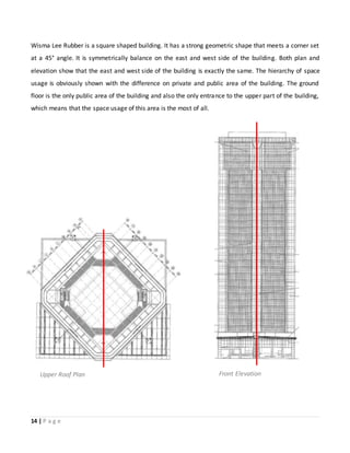 14 | P a g e
Wisma Lee Rubber is a square shaped building. It has a strong geometric shape that meets a corner set
at a 45° angle. It is symmetrically balance on the east and west side of the building. Both plan and
elevation show that the east and west side of the building is exactly the same. The hierarchy of space
usage is obviously shown with the difference on private and public area of the building. The ground
floor is the only public area of the building and also the only entrance to the upper part of the building,
which means that the space usage of this area is the most of all.
Upper Roof Plan Front Elevation
 