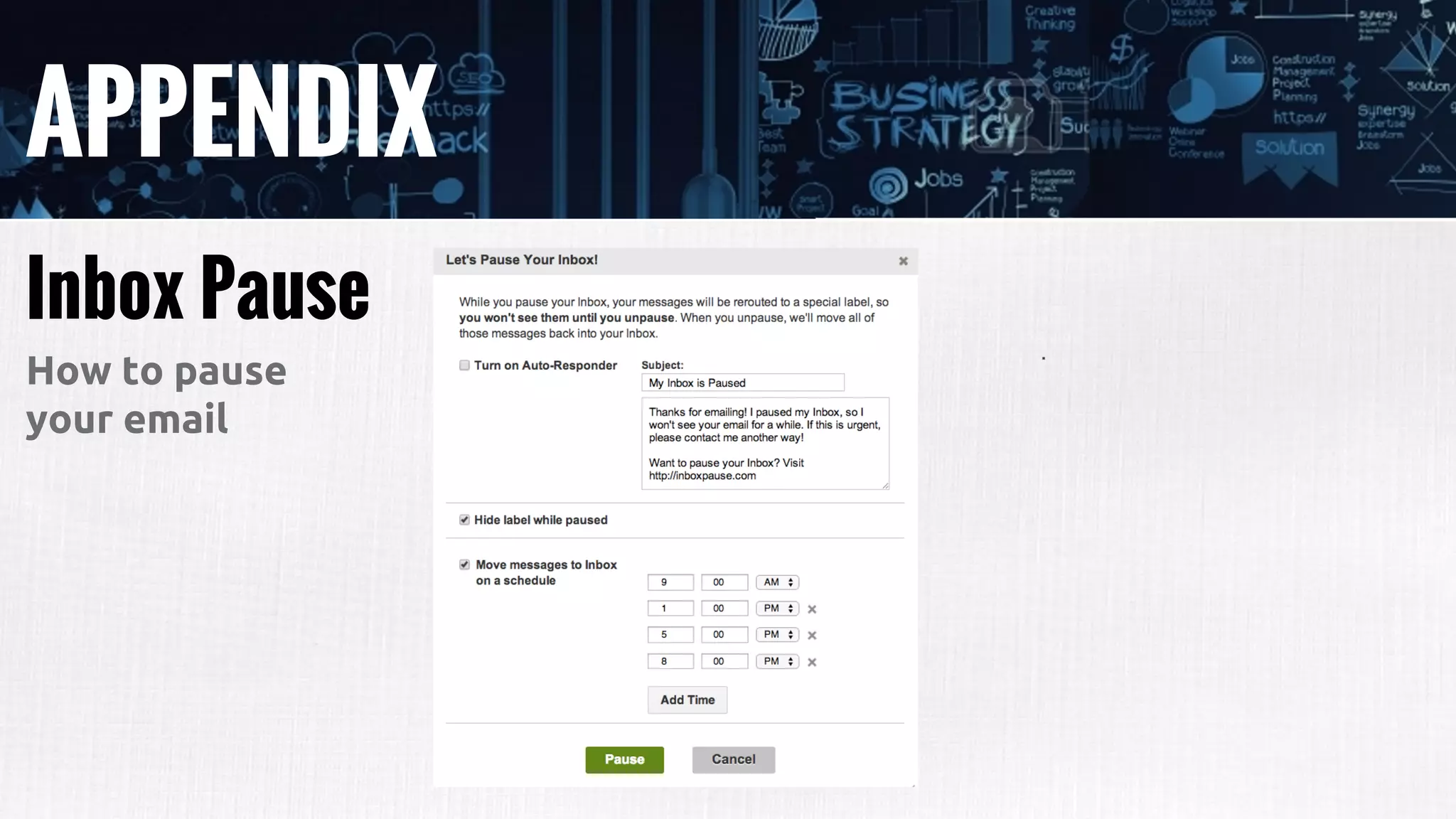 APPENDIX
Inbox Pause
How to pause
your email
 
