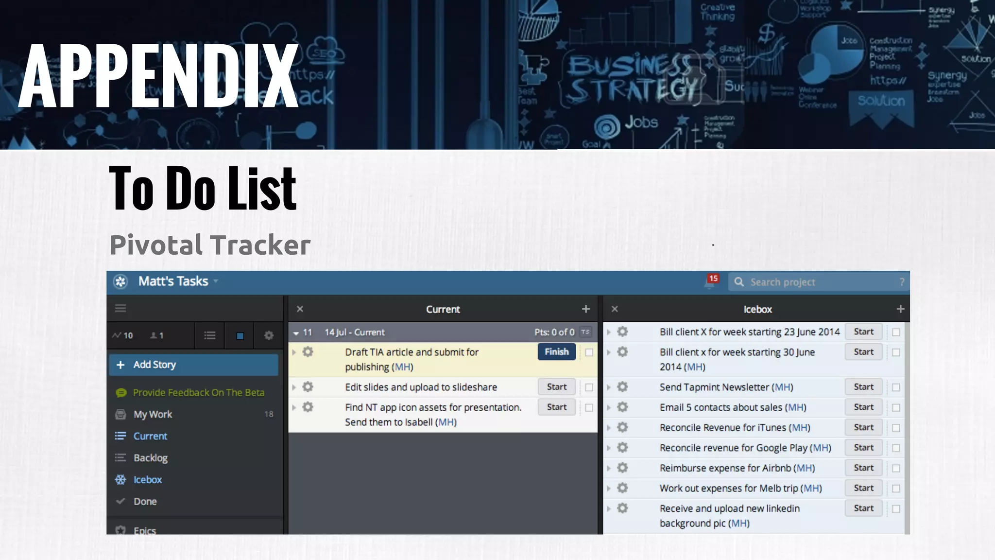 APPENDIX
To Do List
Pivotal Tracker
 