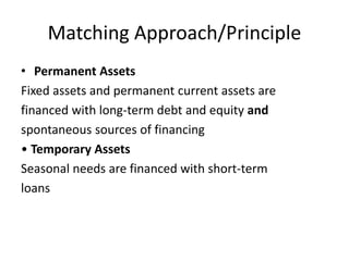Matching Approach/Principle
• Permanent Assets
Fixed assets and permanent current assets are
financed with long-term debt and equity and
spontaneous sources of financing
• Temporary Assets
Seasonal needs are financed with short-term
loans
 