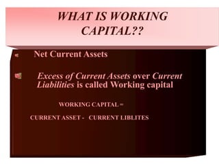 WHAT IS WORKING
CAPITAL??
Net Current Assets
Excess of Current Assets over Current
Liabilities is called Working capital
WORKING CAPITAL =
CURRENT ASSET - CURRENT LIBLITES
 