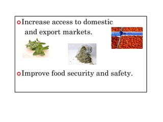 Increase access to domestic
and export markets.
Improve food security and safety.
 