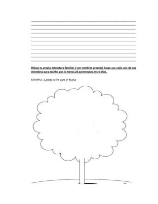 __________________________________________________________________________
__________________________________________________________________________
__________________________________________________________________________
__________________________________________________________________________
__________________________________________________________________________
__________________________________________________________________________
__________________________________________________________________________
__________________________________________________________________________
__________________________________________________________________________
__________________________________________________________________________
__________________________________________________________________________

Dibuja tu propia estructura familiar ( con nombres propios) luego usa cada uno de sus
miembros para escribir por lo menos 20 parentescos entre ellos.

EXAMPLE : Carlota is the aunt of Maria
 