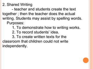 2. Shared Writing
      - teacher and students create the text
together ; then the teacher does the actual
writing. Students may assist by spelling words.
   Purposes:
      1. To demonstrate how to writing works.
      2. To record students’ idea.
      3. To create written texts for the
classroom that children could not write
independently.
 