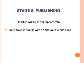 STAGE 5: PUBLISHING

             Publish writing in appropriate form.

   Share finished writing with an appropriate audience.
 