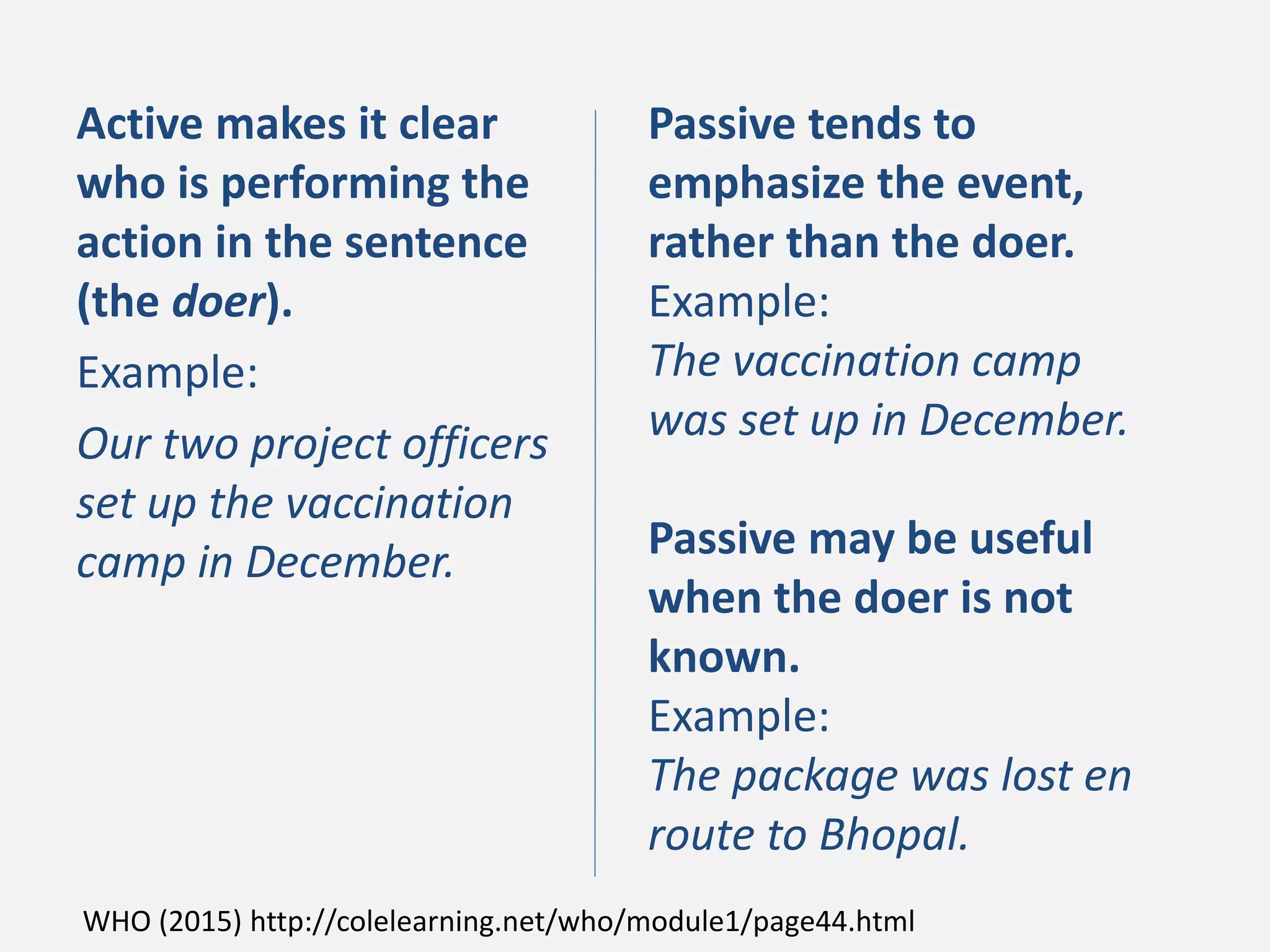 Active makes it clear
who is performing the
action in the sentence
(the doer).
Example:
Our two project officers
set up the vaccination
camp in December.
Passive tends to
emphasize the event,
rather than the doer.
Example:
The vaccination camp
was set up in December.
Passive may be useful
when the doer is not
known.
Example:
The package was lost en
route to Bhopal.
WHO (2015) http://colelearning.net/who/module1/page44.html
 