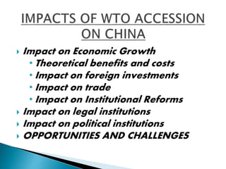  Impact on Economic Growth 
•Theoretical benefits and costs 
•Impact on foreign investments 
•Impact on trade 
•Impact on Institutional Reforms 
 Impact on legal institutions 
 Impact on political institutions 
 OPPORTUNITIES AND CHALLENGES 
 