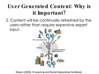 User Generated Content: Why is it Important? 2. Content will be continually refreshed by the users rather than require expensive expert input. Mason (2008). E-Learning and Social Networking Handbook 