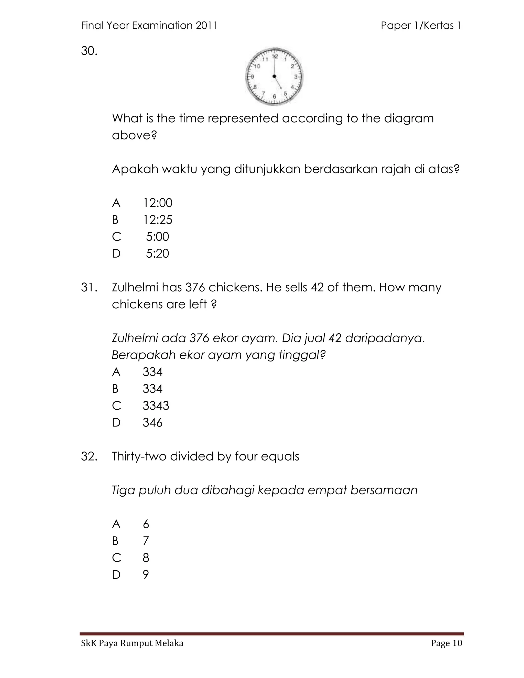 Final Year Examination 2011                        Paper 1/Kertas 1

30.




      What is the time represented according to the diagram
      above?

      Apakah waktu yang ditunjukkan berdasarkan rajah di atas?

      A      12:00
      B      12:25
      C      5:00
      D      5:20

31.   Zulhelmi has 376 chickens. He sells 42 of them. How many
      chickens are left ?

      Zulhelmi ada 376 ekor ayam. Dia jual 42 daripadanya.
      Berapakah ekor ayam yang tinggal?
      A    334
      B    334
      C    3343
      D    346

32.   Thirty-two divided by four equals

      Tiga puluh dua dibahagi kepada empat bersamaan

      A      6
      B      7
      C      8
      D      9




SkK Paya Rumput Melaka                                       Page 10
 