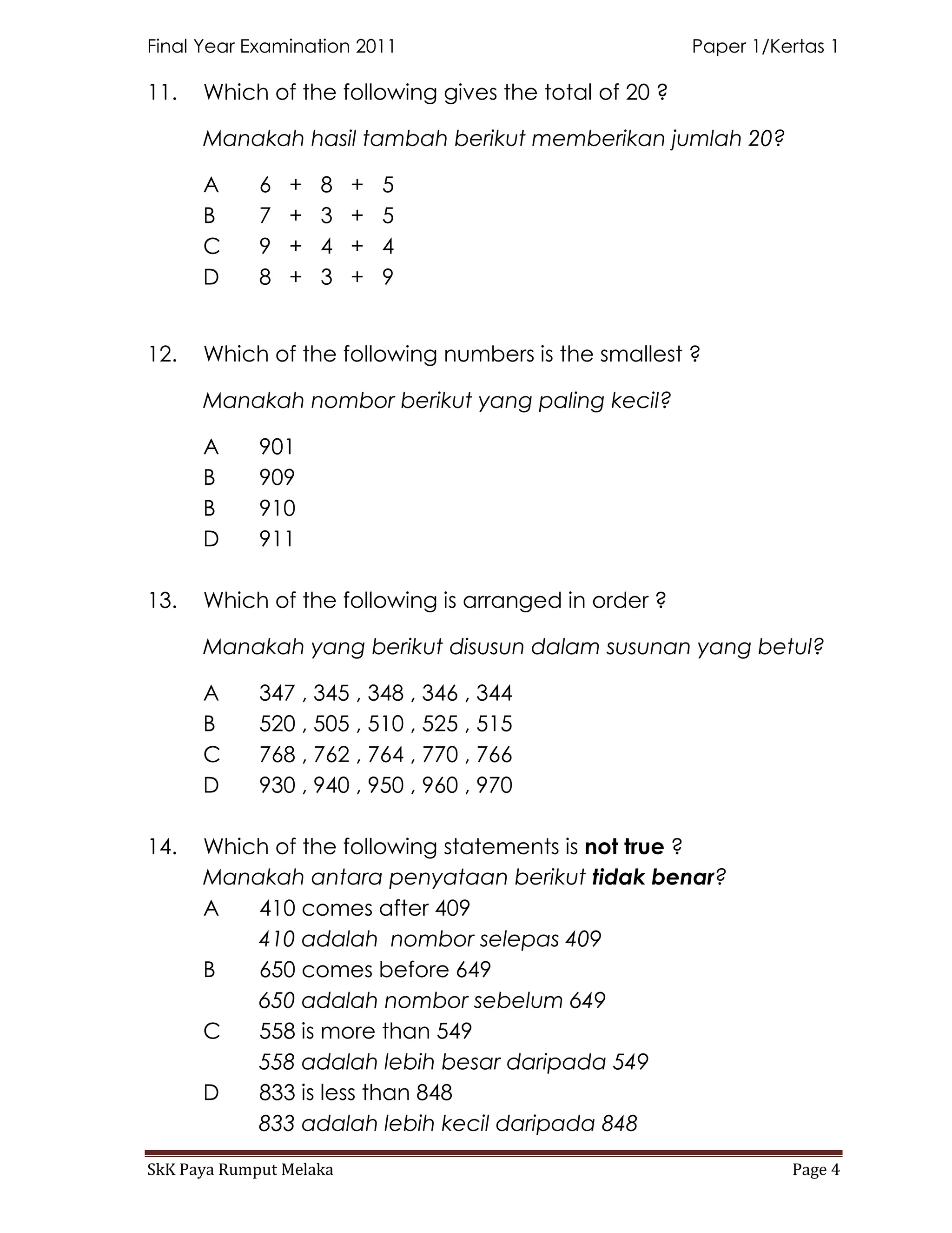 Final Year Examination 2011                            Paper 1/Kertas 1

11.   Which of the following gives the total of 20 ?

      Manakah hasil tambah berikut memberikan jumlah 20?

      A      6   +   8   +   5
      B      7   +   3   +   5
      C      9   +   4   +   4
      D      8   +   3   +   9


12.   Which of the following numbers is the smallest ?

      Manakah nombor berikut yang paling kecil?

      A      901
      B      909
      B      910
      D      911

13.   Which of the following is arranged in order ?

      Manakah yang berikut disusun dalam susunan yang betul?

      A      347 , 345 , 348 , 346 , 344
      B      520 , 505 , 510 , 525 , 515
      C      768 , 762 , 764 , 770 , 766
      D      930 , 940 , 950 , 960 , 970

14.   Which of the following statements is not true ?
      Manakah antara penyataan berikut tidak benar?
      A   410 comes after 409
          410 adalah nombor selepas 409
      B   650 comes before 649
          650 adalah nombor sebelum 649
      C   558 is more than 549
          558 adalah lebih besar daripada 549
      D   833 is less than 848
          833 adalah lebih kecil daripada 848

SkK Paya Rumput Melaka                                           Page 4
 