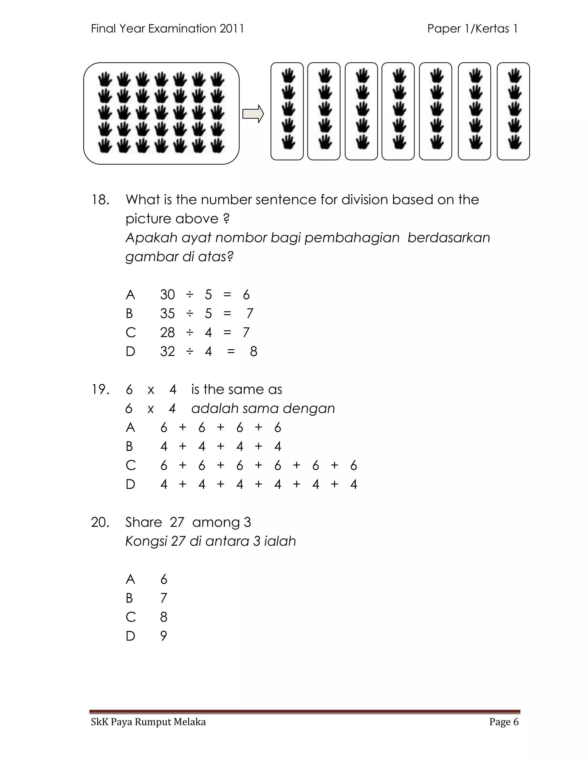 Final Year Examination 2011                      Paper 1/Kertas 1




18.   What is the number sentence for division based on the
      picture above ?
      Apakah ayat nombor bagi pembahagian berdasarkan
      gambar di atas?

      A      30   ÷   5 = 6
      B      35   ÷   5 = 7
      C      28   ÷   4 = 7
      D      32   ÷   4 = 8

19.   6 x 4 is the same as
      6 x 4 adalah sama dengan
      A  6 + 6 + 6 + 6
      B  4 + 4 + 4 + 4
      C  6 + 6 + 6 + 6 + 6 + 6
      D  4 + 4 + 4 + 4 + 4 + 4

20.   Share 27 among 3
      Kongsi 27 di antara 3 ialah

      A      6
      B      7
      C      8
      D      9




SkK Paya Rumput Melaka                                     Page 6
 