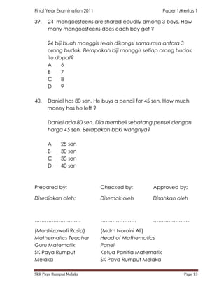 Final Year Examination 2011                             Paper 1/Kertas 1

39.   24 mangoesteens are shared equally among 3 boys. How
      many mangoesteens does each boy get ?

      24 biji buah manggis telah dikongsi sama rata antara 3
      orang budak. Berapakah biji manggis setiap orang budak
      itu dapat?
      A     6
      B     7
      C     8
      D     9

40.   Daniel has 80 sen. He buys a pencil for 45 sen. How much
      money has he left ?

      Daniel ada 80 sen. Dia membeli sebatang pensel dengan
      harga 45 sen. Berapakah baki wangnya?

      A      25 sen
      B      30 sen
      C      35 sen
      D      40 sen



Prepared by;                  Checked by;        Approved by;

Disediakan oleh;              Disemak oleh       Disahkan oleh



………………………                     …………………            ………………….

(Marshizawati Rasip)          (Mdm Noraini Ali)
Mathematics Teacher           Head of Mathematics
Guru Matematik                Panel
SK Paya Rumput                Ketua Panitia Matematik
Melaka                        SK Paya Rumput Melaka

SkK Paya Rumput Melaka                                           Page 13
 