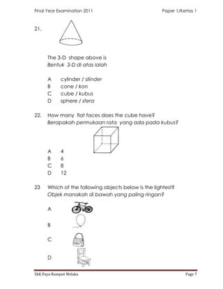 Final Year Examination 2011                          Paper 1/Kertas 1



21.




      The 3-D shape above is
      Bentuk 3-D di atas ialah

      A      cylinder / silinder
      B      cone / kon
      C      cube / kubus
      D      sphere / sfera

22.   How many flat faces does the cube have?
      Berapakah permukaan rata yang ada pada kubus?




      A      4
      B      6
      C      8
      D      12

23    Which of the following objects below is the lightest?
      Objek manakah di bawah yang paling ringan?

      A


      B

      C


      D


SkK Paya Rumput Melaka                                         Page 7
 
