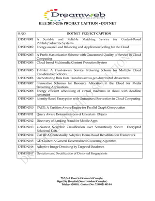 IEEE 2015-2016 PROJECT CAPTION –DOTNET
73/5,3rd Floor,Sri Kamatchi Complex
Opp.City Hospital (Near Lakshmi Complex)
Trichy- 620018, Contact No: 7200021403/04
S.NO DOTNET PROJECT CAPTION
DTSDN001 A Scalable and Reliable Matching Service for Content-Based
Publish/Subscribe Systems
DTSDN002 Energy-aware Load Balancing and Application Scaling for the Cloud
DTSDN003 A Profit Maximization Scheme with Guaranteed Quality of Service in Cloud
Computing
DTSDN004 Cloud-based Multimedia Content Protection System
DTSDN005 T-Broker: A Trust-Aware Service Brokering Scheme for Multiple Cloud
Collaborative Services
DTSDN006 Orchestrating Bulk Data Transfers across geo-distributed datacenters
DTSDN007 Innovative Schemes for Resource Allocation in the Cloud for Media
Streaming Applications
DTSDN008 Energy efficient scheduling of virtual machines in cloud with deadline
constraint
DTSDN009 Identity-Based Encryption with Outsourced Revocation in Cloud Computing
DTSDN010 PAGE: A Partition Aware Engine for Parallel Graph Computation
DTSDN011 Query Aware Determinization of Uncertain Objects
DTSDN012 Discovery of Ranking Fraud for Mobile Apps
DTSDN013 k-Nearest Neighbor Classification over Semantically Secure Encrypted
Relational Data
DTSDN014 CAHR: A Contextually Adaptive Home-Based Rehabilitation Framework
DTSDN015 GD Cluster: A General Decentralized Clustering Algorithm
DTSDN016 Adaptive Image Denoising by Targeted Databases
DTSDN017 Detection and Rectification of Distorted Fingerprints
 