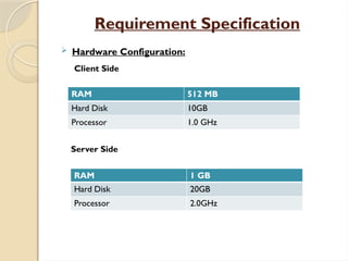 Requirement Specification
 Hardware Configuration:
Client Side
Server Side
RAM 1 GB
Hard Disk 20GB
Processor 2.0GHz
RAM 512 MB
Hard Disk 10GB
Processor 1.0 GHz
 