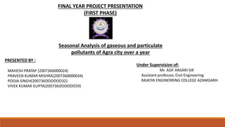 FINAL YEAR PROJECT PRESENTATION
(FIRST PHASE)
Seasonal Analysis of gaseous and particulate
pollutants of Agra city over a year
PRESENTED BY :
MAHESH PRATAP (2007360000024)
PRAVEEN KUMAR MISHRA(2007360000034)
POOJA SINGH(200736OOOOOO32)
VIVEK KUMAR GUPTA(200736OOOOOO59)
Under Supervision of:
Mr. ASIF ANSARI SIR
Assistant professor, Civil Engineering
RAJKIYA ENGINERRING COLLEGE AZAMGARH
 