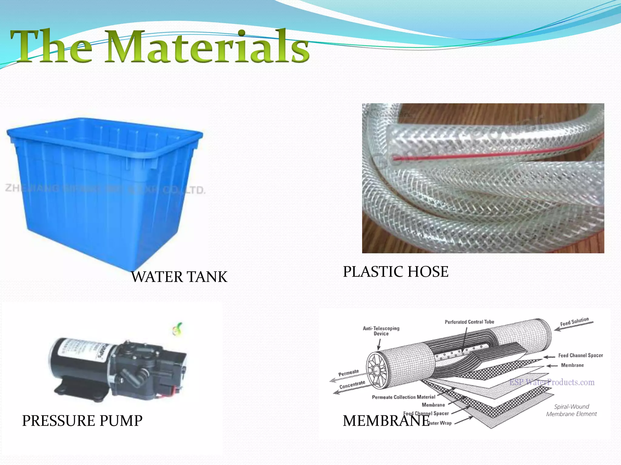 WATER TANK   PLASTIC HOSE




PRESSURE PUMP           MEMBRANE
 