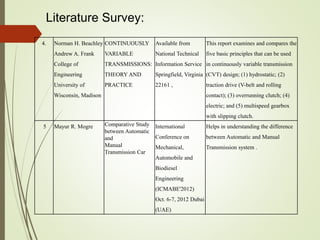 Literature Survey:
4. Norman H. Beachley
Andrew A. Frank
College of
Engineering
University of
Wisconsin, Madison
CONTINUOUSLY
VARIABLE
TRANSMISSIONS:
THEORY AND
PRACTICE
Available from
National Technical
Information Service
Springfield, Virginia
22161 ,
This report examines and compares the
five basic principles that can be used
in continuously variable transmission
(CVT) design; (1) hydrostatic; (2)
traction drive (V-belt and rolling
contact); (3) overrunning clutch; (4)
electric; and (5) multispeed gearbox
with slipping clutch.
5 Mayur R. Mogre Comparative Study
between Automatic
and
Manual
Transmission Car
International
Conference on
Mechanical,
Automobile and
Biodiesel
Engineering
(ICMABE'2012)
Oct. 6-7, 2012 Dubai
(UAE)
Helps in understanding the difference
between Automatic and Manual
Transmission system .
 