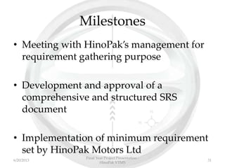 Milestones
• Meeting with HinoPak’s management for
requirement gathering purpose
• Development and approval of a
comprehensive and structured SRS
document
• Implementation of minimum requirement
set by HinoPak Motors Ltd
Final Year Project Presentation -
HinoPak VTMS
316/20/2013
 