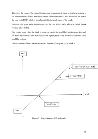16
Therefore, the value of the barren blocks would be negative, is equal to this base cost and is
the minimum block value. The metal content of mineable blocks will pay for all, or part of
the base cost (BMC) which is linearly related to the grade value of the block.
However, the grade value compensates for the cost with a ratio which is called “Block
revenue ratio” (BRR).
At a certain grade value, the block revenue can pay for the total block mining costs, in which
the block net value is zero. For blocks with higher grade value, the block economic value
would be positive.
Linear variation of block values (BEV) as a function of the grade ‘g’ of block :-
Figure-3.1 Graph between BEV and grade
ϴ = tan-1
(BRR)
BEV
grade
-BMC
Cut-off point
 