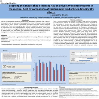 Studying the impact that e-learning has on university science students in
the medical field by comparison of various published articles detailing it’s
effects.
----------------------. Jacqueline Elsom
School of Pharmacy and Biomolecular Sciences, University of Brighton
Introduction
The use of e-learning has become an ever increasing alternative to traditional study in the 21st
centaury, this study has taken several already published articles and research papers detailing
effects that the various forms of e-learning has on students, particularly students within the
medical field. Effects that e-learning has upon students is measured by examination results in
an intervention group who received e-learning teaching methods compared to control group
who did not receive e-learning teaching methods. Studies where then compared to each other
to analyse trends, This study opens many questions as to where the educational system is
moving in terms of teaching styles, and the relevance of conventional teaching methods.
Being a comparative study it was essential to first pool a large collection of literature
to which would be analysed, the literature being collated would have also had to fit
the criteria that the literature were peer reviewed published articles. The data of
these articles also had to be of similar nature (i.e. Contain test results of students in
the same field of study with and without the aid of e-learning techniques.) With
databases containing peer reviewed journals and articles to be used as search engines
to locate articles, named databases were “PubMed” “PubMed Central” “Google
Scholar” “Brighton University” “Science Direct” using search terms with a
combination of terms such as “E-learning” “distance learning” “Biomedical science
students” “medical students” to narrow down the search and to find appropriate
results. The collection of articles will then have to be scrutinised further removing any
which the author finds does not fit the study (at their discretion.) The extraction of
key data from the literature will manually have to be done and manipulated if need be
to stylise the data in a mutual order (i.e. Average grade Percentages). The use of
statistical analysing programmes such as Microsoft Excel and Minitab are important
in configuring the data and for analysis. Test of heterogeneity using Chi-sq, ANOVA
test of variance and Tukeys plot analysis are analytical comparison made.
Materials and Methods
Hypothesis
H1=E-learning does provide a significant positive effect in the teachings of students studying in the
medical field
H0=E-learning does not provide a significant positive effect in the teachings of students studying in
the medical field
*In this study the term “positive effect” is defined by increase in test score results
Tukey Pairwise Comparisons
Grouping Information Using the Tukey Method and 95%
Confidence
Factor N Mean Grouping
Mean results test 9 76.92 A
Mean Results control 9 65.50 B
*Different grouping indicates statistically different*
Table 1. Summary table for all trials used and the data extracted from used trials
0
10
20
30
40
50
60
70
80
90
100
1 2 3 4 5 6 7 8 9
ScorePercentage
Trial
Comparison between mean test score percentages with and without the aid of e-learning in various
published trials
Mean results Intervention %
Mean Results Control %
Fig.1 Bar chart showing the mean percentage test scores in various studies in the intervention group compared to a control
Test pop
Test pop
Control pop
Control pop
Fig.2 Showing the 95% CI interval for StdDev of means from control and intervention groups
Fig.3 Boxplot comparing intervention and control score data
RESULTS
CHI-SQ
N DF Chi-Sq P-Value
589.52 8 20.1277 0.010
Table 2. Chi.Sq of values
Table 3. Tukey comparison of intervention and control
Table 4. Pair t-test results of intervention compared with control
Discussion and Conclusions
Results have indicated that e-learning has had a positive effect on the intervention groups and have shown that
its use does contribute to a statistically different (higher) test score result when compared with test scores
achieved in its absence. The comparative bar chart shows consistently in all 9 trials that the intervention group
means are higher than the control. Tukeys grouping have shown that the intervention means are statistically
higher. Paired t-test results show a p-value of 0.003 which allows the rejection of the null hypothesis. E-learning
has shown to be a practical and useable method of alternative teaching for students in the 21st centaury .
References
Y.Morgulis, R.K.Kumar and G.M Velan, (2012), Impact on learning of an e-learning module on leukaemia: a randomised controlled trial
C.S.Silva, M.B.Souza, R.S.Silva Filho, L.M.Medeiros, P.R.Criado, (2011), E-learning program for medical students in dermatology.
M.Boeker, P.Andel and A.Frankenschmidt , (2013),Game-Based E-Learning Is More Effective than a Conventional Instructional Method: A Randomized
Controlled Trial with Third-Year Medical Students
R.Abdelhai, S.Yassin and U.G.H.Fors, (2012), An e-learning reproductive health module to support improved student learning and interaction: a prospective
interventional study at a medical school in Egypt
C.Cuca, P.Scheiermann and R. Breitkreutz,(2013) Assessment of a New E-Learning System on Thorax, Trachea, and Lung Ultrasound
D.Zhang, L.Zhou, R.O.Briggs, J.F.Nunamaker Jr,(2006),Instructional video in e-learning: Assessing the impact of interactive video on learning effectiveness
A.Phadtare, A.Bahmani and R.Pietrobon ,(2009), Scientific writing: a randomized controlled trial comparing standard and on-line instruction
N.Mehrdad, M.Zolfaghari, N.Bahari and S.Eybpoosh, (2010), Learning Outcomes in Two Different Teaching Approach in Nursing Education in Iran: E-Learning
versus Lecture
F.Moazami, E.Bahrampour, M.Moattari, (2014), Comparing two methods of education (virtual versus traditional) on learning of Iranian dental students: a
post-test only design study
 