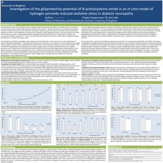 Investigation of the gliaprotective potential of N-acetylcysteine amide in an in vitro model of
hydrogen peroxide-induced oxidative stress in diabetic neuropathy
Author: ----------- Project Supervisor: Dr Jimi Adu
School of Pharmacy and Biomolecular Sciences, University of Brighton
Introduction
It is estimated that over half of all diabetic patients develop symptoms associated with diabetic neuropathy, which encompasses a
variety of nervous system disorders affecting the peripheral nervous system[2]. Typically, disturbances in peripheral nervous system
conduction produce sensory and motor difficulties, causing pain, paresthesia (pins and needles, numbness, burning and prickling
sensations) of limbs, loss of temperature, pain and pressure sensation, muscle weakening, wasting, ,recurrent infection of the lower
limbs and feet, and a host of cardiac, gastrointestinal, urogenital and ocular problems that are a huge cause of morbidity and
mortality for the diabetic population[2,3]. The current lack of effective treatment options means many sufferers struggle to manage
their symptoms, and lead a poor quality of life.
The pathogenesis of diabetic neuropathy is well understood, and oxidative stress is of principal concern in the development of
diabetic neuropathy complications[4]. Oxidative stress arises due to an imbalance in the production of reactive oxygen species (highly
reactive oxygen molecules with an unpaired electron) and the efficacy of the mechanisms that exist to prevent their damage[4]. The
link between hyperglycaemia and overproduction of reactive oxygen species is now well-established, and thus, the diabetic
population are at increased risk of their detrimental effects. Beneficial actions of reactive oxygen species include regulation of cell
division, apoptosis, inflammation and phagocytosis, but at increased concentrations they contribute to the loss of neurotrophic
factors necessary for neuronal development, promote apoptosis of neurons and glial cells, and induce peroxidation of DNA, lipids
and proteins[4]. The mechanisms that contribute to reactive oxygen species overproduction are complex, but in all cases
hyperglycaemia is the underlying stimulus[5].
The most effective preventative measure of diabetes complications is tight glycaemic control, but the burden associated with this
ultimately leads to problems[5]. The use of antioxidants, the biological molecules that inhibit oxidation by scavenging free radicals, as
therapeutic agents for diabetic neuropathy has had partial success in improving both sensory and motor nerve conduction, reducing
the abundance of reactive oxygen species, catabolizing autoxidative species, and preventing the extent of lipid peroxidation in
hyperglycaemia-induced rats[6]. However, a suitably effective antioxidant therapeutic is still far away, and further investigation is
needed to address the alarming increase of diabetic complications that is resulting from the increasing prevalence of diabetes
mellitus[1].
The purpose of this study was to investigate the gliaprotective potential of N-acetylcysteine amide (AD4) on RT4-D6P2T rat Schwann
cells exposed to hydrogen peroxide to model the oxidative damage that occurs in diabetic neuropathy. AD4 has previously been shown
to replenish intracellular thiols of red blood cells to reduce the extent of oxidative damage, and this identifies it as a potential effective
therapeutic agent in diabetic neuropathy[7]. The majority of studies investigating treatment options in diabetic neuropathy have
focused their efforts on neuronal involvement, but the ability for hyperglycaemia to demonstrate a cytotoxic effect in neurons has
historically proven difficult[8]. For this reason, the involvement of Schwann cells has been investigated in this study, as the interplay
between these cell types is vital in nervous communication, yet the involvement of glial cells in diabetic neuropathy is relatively
unexplored.
Materials and Methods
Maintenance of rat RT4-D6P2T Schwann cells: RT4-D6P2T cells were maintained in 1x Dulbecco’s modified eagle’s medium (DMEM)
in 5% heat inactivated foetal bovine serum (FBS) at 37°C in a 5% CO2 incubator.
Preparation of cell culture dishes: Poly-L-ornithine (PORN) was prepared in 0.5M borate buffer, in hydrogen water at a pH of
8.4, and 1ml was added to 35mm Nunclon dishes and left to dry overnight. Dishes were aspirated and washed three times with cell
culture grade water, and dried. 20µl of 20µg/ml laminin was added to 980µl DMEM and mixed, and 70µl of this was added
to the centre of each dish. Dishes were maintained at 37°C in a 5% CO2 incubator for three hours, before being washed twice with
1ml DMEM, and once with 1ml DMEM containing 5% FBS. Dishes were replaced in the incubator.
Determination of RT4-D6P2T cell density: Cell density concentrations of 5x103 cells/ml, 1x104 cells/ml, 1x105 cells/ml and 1x106
cells/ml were seeded in prepared dishes, and incubated overnight. Cellular viability was assessed using the 3-(4,5-dimethylthiazol-2-
yl)-2,5-diphenyltetrazolium bromide (MTT) assay, and absorbance values measured at 540nm with a spectrophotometer using
Digiread. Absorbance values were calculated where
% cellular viability = (absorbance of treated cells/absorbance of untreated cells) x 100.
Determination of hydrogen peroxide concentration: A hydrogen peroxide concentration range was established, and cellular viability
assessed using the MTT assay. Prepared dishes with seeded cells were exposed to 1mM, 10mM, 50mM and 100mM hydrogen
peroxide for 24 hours and 48 hours, to determine the most effective time period to achieve a desired 50% reduction in cellular
viability.
Assessment of the protective potential of AD4: AD4 was administered at concentrations of 1mM, 10mM, 50mM and 100mM in co-
treatment and pre-treatment schedules. For co-treatment, cells were exposed to hydrogen peroxide and AD4 simultaneously, and
cellular viability was assessed 24 hours later. For pre-treatment, cells were exposed to AD4 and incubated for 24 hours prior to
addition of hydrogen peroxide.
Statistical analysis: All statistical analysis was performed using Minitab 17. Data are expressed as mean ± standard error of the mean.
One-way analysis of variance was performed to test for significant differences between population means. Tukey’s method was used
to determine the nature of statistically different data. In all cases of statistical testing, a significance level of p < 0.05, indicating
statistical difference, was used. * indicates statistical significance.
0.25 0.25
0.89
2.38
0
0.5
1
1.5
2
2.5
3
1.00E+03 1.00E+04 1.00E+05 1.00E+06
Meanabsorbanceat540nm
log10 Cell density concentration (cells/ml)
Figure 1. Mean absorbance values at varying RT4-D6P2T cell density concentrations As
the MTT assay is only effective within the linear range of the graph, an appropriate cell
density concentration within this range was chosen. The chosen cell density was 4x105
cells/ml.
Results
86
45
39 42
100
93
37
28 28
0
20
40
60
80
100
120
Control 1 10 100 1000
Meancellularviability(%)
Hydrogen peroxide concenration (mM)
24 hours
48 hours
Figure 2. Mean cellular viability of RT4-D6P2T cells following 24 hours and 48 hours
exposure to hydrogen peroxide There was no significant difference between the mean
cellular viabilities at hydrogen peroxide concentrations of 1mM and 10mM between 24
hours and 48 hours, The mean cellular viabilities were significantly greater after 48
hours at concentrations of 100mM and 1000mM. A concentration of 10mM after 24
hours was chosen, so to reduce cellular viability by approximately 50%.
100
66
88 89*
96* 101*
91*
0
20
40
60
80
100
120
Control CH2O2 CAO 1 10 50 100
AD4 Concentration (mM)
Meancellularviability(%)
Figure 3. Mean cellular viability of RT4-D6P2T cells following 24 hours exposure to
hydrogen peroxide and co-treatment with AD4 All concentrations of AD4 produced a
significantly greater mean cellular viability compared to CH2O2. There was no significant
difference in mean cellular viability between concentrations of AD4.
100
75
52
84
102* 97*
91* 95*
0
20
40
60
80
100
120
Control CH2O2 C100H2O2 CAO 1 10 50 100
AD4 concentration (mM)
Meancellularviability(%)
Figure 4. Mean cellular viability of RT4-D6P2T cells after 24 hours pre-treatment with
AD4 prior to 24 hour exposure to hydrogen peroxide All concentrations of AD4
produced a significantly greater mean cellular viability compared to CH2O2. There was
no significant difference between concentrations of AD4. C100H2O2 produced a more
appropriate reduction in cellular viability towards the desired 50% reduction.
89
96 101
91
102
97
91
95
0
20
40
60
80
100
120
1 10 50 100
Meancellularviability(%)
AD4 concentration (mM)
Cotreatment
Pretreatment
Figure 5. Mean cellular viability or RT4-D6P2T cells in both co-treatment and pre-
treatment schedules There was no significant difference in the mean cellular viabilities
at equivalent concentrations between co-treatment and pre-treatment schedules.
100 100
88
84
0
20
40
60
80
100
120
Cotreatment Pretreatment
Meancellularviability(%)
Treatment schedule
Control
CAO
Figure 6. Mean cellular viability of Control and CAO groups in co-treatment and pre-
treatment schedules In both the co-treatment and pre-treatment schedules, there was
no significant difference in the mean cellular viability between the Control and CAO
groups, suggesting no cytotoxic effect of AD4 at concentrations of 100mM.
Conclusions
The data show that in both co-treatment and pre-treatment schedules, all concentrations of AD4 produce a significantly greater mean cellular viability compared to the
untreated CH2O2, and suggest that AD4 is effective in protecting RT4-D6P2T cells from hydrogen peroxide-induced oxidative stress. The data show that both co-treatment and
pre-treatment schedules were equally effective in their protective potential, and there was no significant difference between the concentrations of AD4 used. Additionally, the
data suggest there was no cytotoxic effect of AD4 at concentrations of 100mM compared to the Control population. This study has corroborated the antioxidant potential of
AD4 confirmed by others, but also identifies its potential use as a therapeutic agent in diabetic neuropathy[8]. This is a promising finding in the fight against complications of
diabetes mellitus, where current treatment options are lacking, and thus, affected individuals lead a poor quality of life. The results of this study generate potential future
directions for study in the assessment of AD4 as an effective treatment option for delaying or preventing the extent of cellular damage resulting from oxidative stress in
diabetic neuropathy.
References
[1] Shaw, J. E., Sicree, R. A. and Zimmet, P. Z. (2010) Global estimates for the prevalence of diabetes for 2010 and 2030, Diabetes Res Clin Pr 87(1): 4-14
[2] Said, G. (2007) Diabetic neuropathy – a review, Nat Clin Pract Neurol 3(6): 331-340
[3] Vinik, A. I., Maser, R. E., Mitchell, B. D. and Freeman, R. (2003) Diabetic Autonomous Neuropathy, Diabetes Care 26(5): 1553-1579
[4] Sytze van Dam, P. (2002) Oxidative stress and diabetic neuropathy: pathophysiological mechanisms and treatment perspectives, Diabetes Metab Res 18(3):
176-184
[5] Figueroa-Romero, C., Sadidi, M. and Feldman, E. L. (2008) Mechanisms of disease: The oxidative stress theory of diabetic neuropathy, Rev Endocr Metab Dis
9(4): 301-314
[6]Bravenboer, B., Keppelle, A. C., Hamers, F. P. T., van Buren, T., Erkelens, D. W. and Gispen, W. H. (1992) Potential use of glutathione for the prevention and
treatment of diabetic neuropathy in the streptozotocin-induced diabetic rat, Diabetologia 35(9): 813-817
[7] Grinberg, L., Fibach, E., Amer, J. and Atlas, D. (2004) N-acetylcysteine amide, a novel cell-permeating thiol, restores cellular glutathione and protects human
red blood cells from oxidative stress, Free Radic Biol Med 38(1): 136-145
[8] The Diabetes Control and Complications Trial Research Group (1993) The Effect of Intensive Treatment of Diabetes on the Development and Progression of
Long-Term Complications in Insulin-Dependent Diabetes Mellitus, New Engl J Med 329(14): 977-986
Control: H2O2 -; AD4 - CH2O2: 10mM H2O2; AD4 - C100H2O2: 100mM H2O2; AD4 - CAO: H2O2 -; 100mM AD4
 