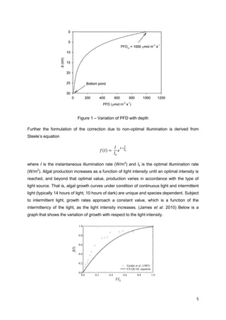 Figure 1 – Variation of PFD with depth

Further the formulation of the correction due to non-optimal illumination is derived from
Steele’s equation




where I is the instantaneous illumination rate (W/m2) and Is is the optimal illumination rate
(W/m2). Algal production increases as a function of light intensity until an optimal intensity is
reached, and beyond that optimal value, production varies in accordance with the type of
light source. That is, algal growth curves under condition of continuous light and intermittent
light (typically 14 hours of light, 10 hours of dark) are unique and species dependent. Subject
to intermittent light, growth rates approach a constant value, which is a function of the
intermittency of the light, as the light intensity increases. (James et al. 2010) Below is a
graph that shows the variation of growth with respect to the light intensity.




                                                                                               5
 