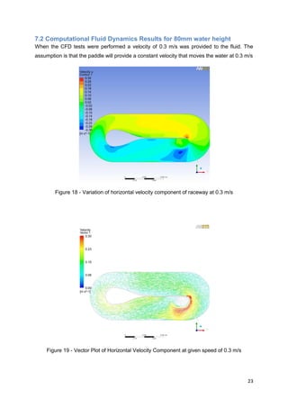 7.2 Computational Fluid Dynamics Results for 80mm water height
When the CFD tests were performed a velocity of 0.3 m/s was provided to the fluid. The
assumption is that the paddle will provide a constant velocity that moves the water at 0.3 m/s




        Figure 18 - Variation of horizontal velocity component of raceway at 0.3 m/s




     Figure 19 - Vector Plot of Horizontal Velocity Component at given speed of 0.3 m/s




                                                                                           23
 