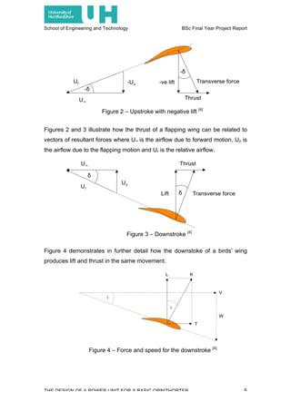 School of Engineering and Technology BSc Final Year Project Report
THE DESIGN OF A POWER UNIT FOR A BASIC ORNITHOPTER 5
Figures 2 and 3 illustrate how the thrust of a flapping wing can be related to
vectors of resultant forces where U∞ is the airflow due to forward motion, Uz is
the airflow due to the flapping motion and Ur is the relative airflow.
Figure 4 demonstrates in further detail how the downstoke of a birds’ wing
produces lift and thrust in the same movement.
Figure 2 – Upstroke with negative lift [4]
Figure 3 – Downstroke [4]
Figure 4 – Force and speed for the downstroke [4]
 