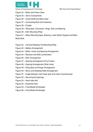 School of Engineering and Technology BSc Final Year Project Report
THE DESIGN OF A POWER UNIT FOR A BASIC ORNITHOPTER vii
Figure 34 – Motor and Pinion Gear
Figure 35 – Servo Components
Figure 36 – Crank Shaft and Main Gear
Figure 37 – Connecting Rod and Fasteners
Figure 38 – Crystal
Figure 39 – Wing Spar, Connector, Hinge, Skin and Bearing
Figure 40 – ESC Mounting Plate
Figure 41 – Motor Mounting Spar, Bearing, Lower Motor Support and Main
Body Spar
Figure 42 – Tail and Rotating Tail Mounting Plate
Figure 43 – Battery Arrangement
Figure 44 – Motor, Crank and Bearing Arrangement
Figure 45 – Receiver and ESC combination
Figure 46 – ESC Arrangement
Figure 47 – Gearing Arrangement (Front View)
Figure 48 – Gearing Arrangement (Side View)
Figure 49 – Wing Spar and Hinge Arrangement
Figure 50 – Servo and Rotating Plate Arrangement
Figure 51 – Angle between main body spar and motor mounting spar
Figure 52 – Securing the bearings
Figure 53 – Hand held drill
Figure 54 – Essential tools
Figure 55 – Final Model Ornithopter
Figure 56 – Final Model Ornithopter
 