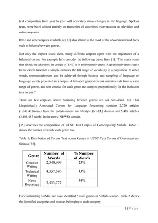 8 | P a g e
text composition from year to year will accurately show changes in the language. Spoken
texts, were based almost entirely on transcripts of unscripted conversation on television and
radio programs.
BNC and other corpora available at [13] also adhere to the most of the above mentioned facts
such as balance between genres.
Not only the corpora listed there, many different corpora agree with the importance of a
balanced corpus. For example let’s consider the following quote from [1]. “The major issue
that should be addressed in design of TNC is its representativeness. Representativeness refers
to the extent to which a sample includes the full range of variability in a population. In other
words, representativeness can be achieved through balance and sampling of language or
language variety presented in a corpus. A balanced general corpus contains texts from a wide
range of genres, and text chunks for each genre are sampled proportionally for the inclusion
in a corpus.”
There are few corpuses where balancing between genres are not considered. For Thai
Linguistically Annotated Corpus for Language Processing contains 2,720 articles
(1,043,471words) from the entertainment and lifestyle (NE&L) domain and 5,489 articles
(3,181,487 words) in the news (NEWS) domain.
[35] describes the composition of UCSC Text Corpus of Contemporary Sinhala. Table 1
shows the number of words each genre has.
Table 1: Distribution of Corpus Text across Genres in UCSC Text Corpus of Contemporary
Sinhala [35].
For constructing SinMin, we have identified 5 main genres in Sinhala sources. Table 2 shows
the identified categories and sources belonging to each category.
 