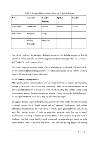 9 | P a g e
Table 2: Expected Composition of sources in SinMin Corpus
News Academic Creative
Writing
Spoken Gazette
News Paper Text books Fiction Subtitle Gazette
News Items Religious Blogs
Sinhala
Wikipedia
Magazine
One of the challenges in creating a balanced corpus for the Sinhala language is that the
amount of sources available for ‘News’ category is relatively very large while for ‘Academic’
and ‘Spoken’ it can be very much less.
For Sinhala language, the main source of spoken language we could think of is subtitles. So
we have identified [4] as the largest source for Sinhala subtitles and we use subtitles available
there as the main source of spoken language.
2.4.2 Crawling language sources
Many existing corpus implementations have discussed about various ways of crawling online
sources to the corpus. Here we are only considering about online sources because we are
only interested in them. Even though they speak about collecting data for their corresponding
languages and some of them may not suit our work on creating a corpus for Sinhala language,
we have presented them below since they are relevant to the subject.
[5]suggests that one way to gather principled, authentic texts that can be stored electronically
is through Internet “alerts.” Search engines such as Yahoo and Google gather email updates
of the latest relevant results based on a topic or specific query generated by the user. It Also
says that another means of gathering principled, authentic texts that can be stored
electronically is looking at internet essay sites. Many of the academic essay sites have a
disclaimer that their essays should be used for research purposes only, and should not to be
downloaded or turned in as one’s own work. These sites can be very helpful for creating
 
